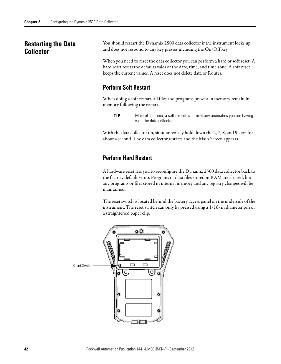 Restarting the data collector, Perform soft restart, Perform hard restart | Perform soft restart perform hard restart | Rockwell Automation 1441-DYN25-Z Dynamix 2500 Data Collector User Manual | Page 42 / 218