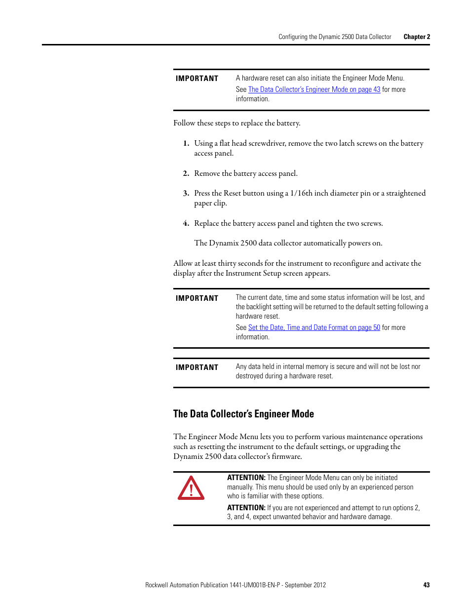 The data collector’s engineer mode | Rockwell Automation 1441-DYN25-Z Dynamix 2500 Data Collector User Manual | Page 43 / 218