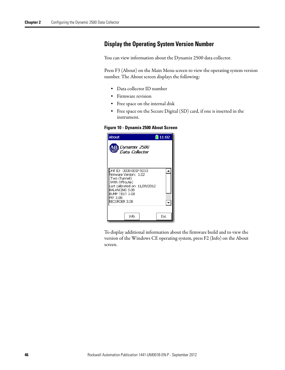 Display the operating system version number | Rockwell Automation 1441-DYN25-Z Dynamix 2500 Data Collector User Manual | Page 46 / 218