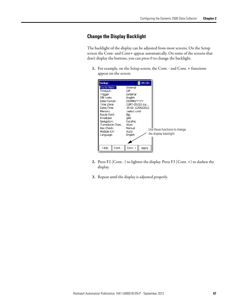 Change the display backlight | Rockwell Automation 1441-DYN25-Z Dynamix 2500 Data Collector User Manual | Page 47 / 218