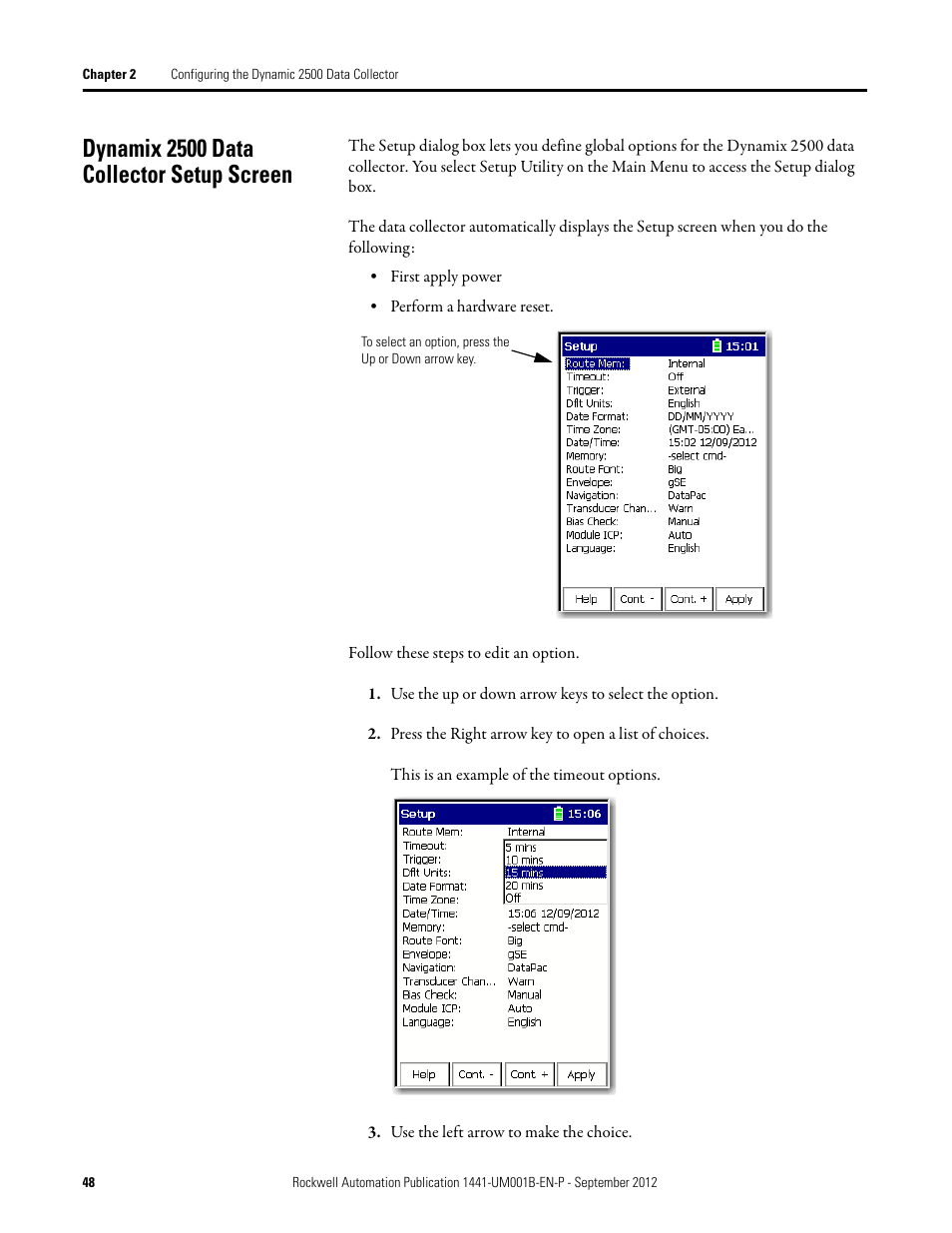 Dynamix 2500 data collector setup screen | Rockwell Automation 1441-DYN25-Z Dynamix 2500 Data Collector User Manual | Page 48 / 218