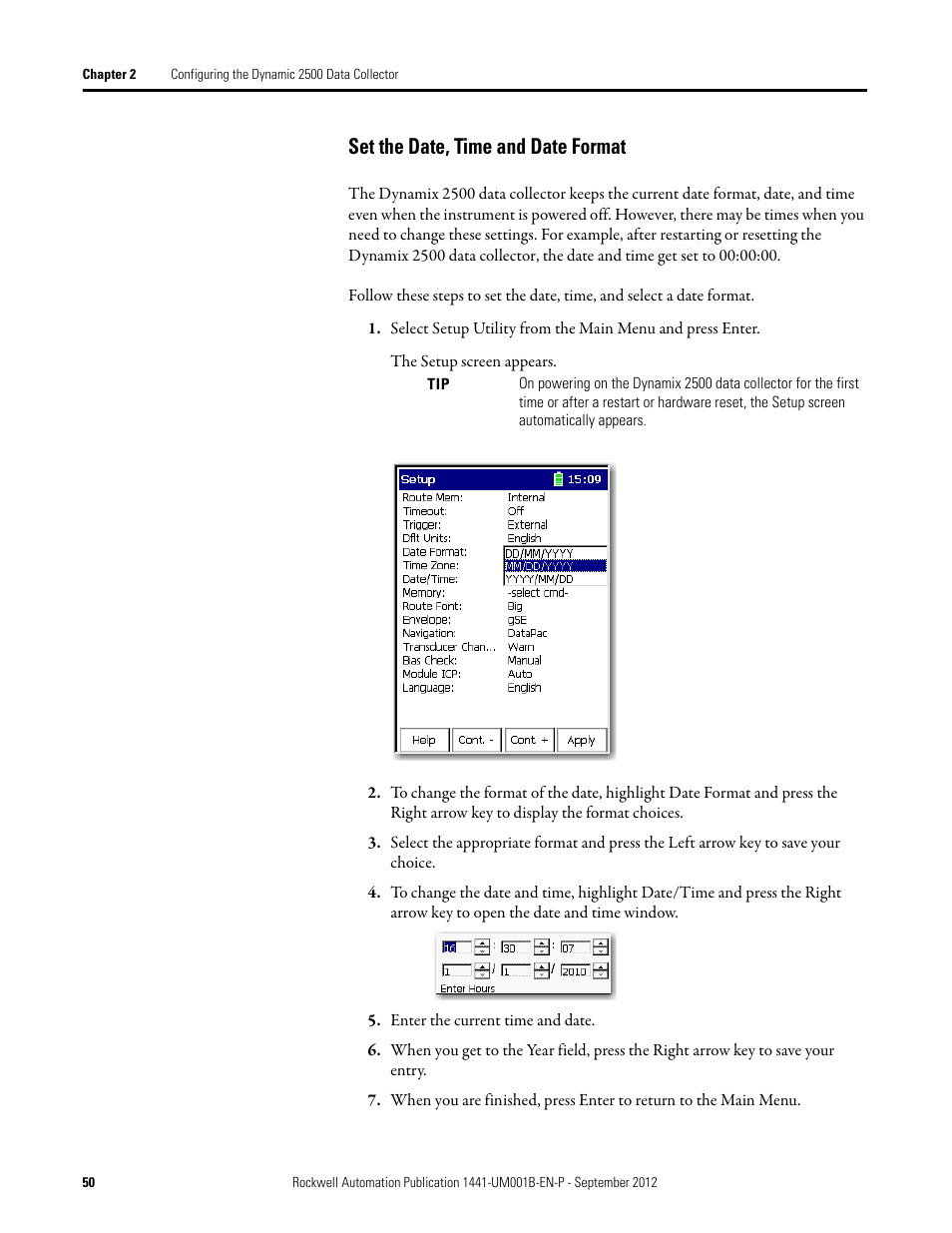 Set the date, time and date format | Rockwell Automation 1441-DYN25-Z Dynamix 2500 Data Collector User Manual | Page 50 / 218