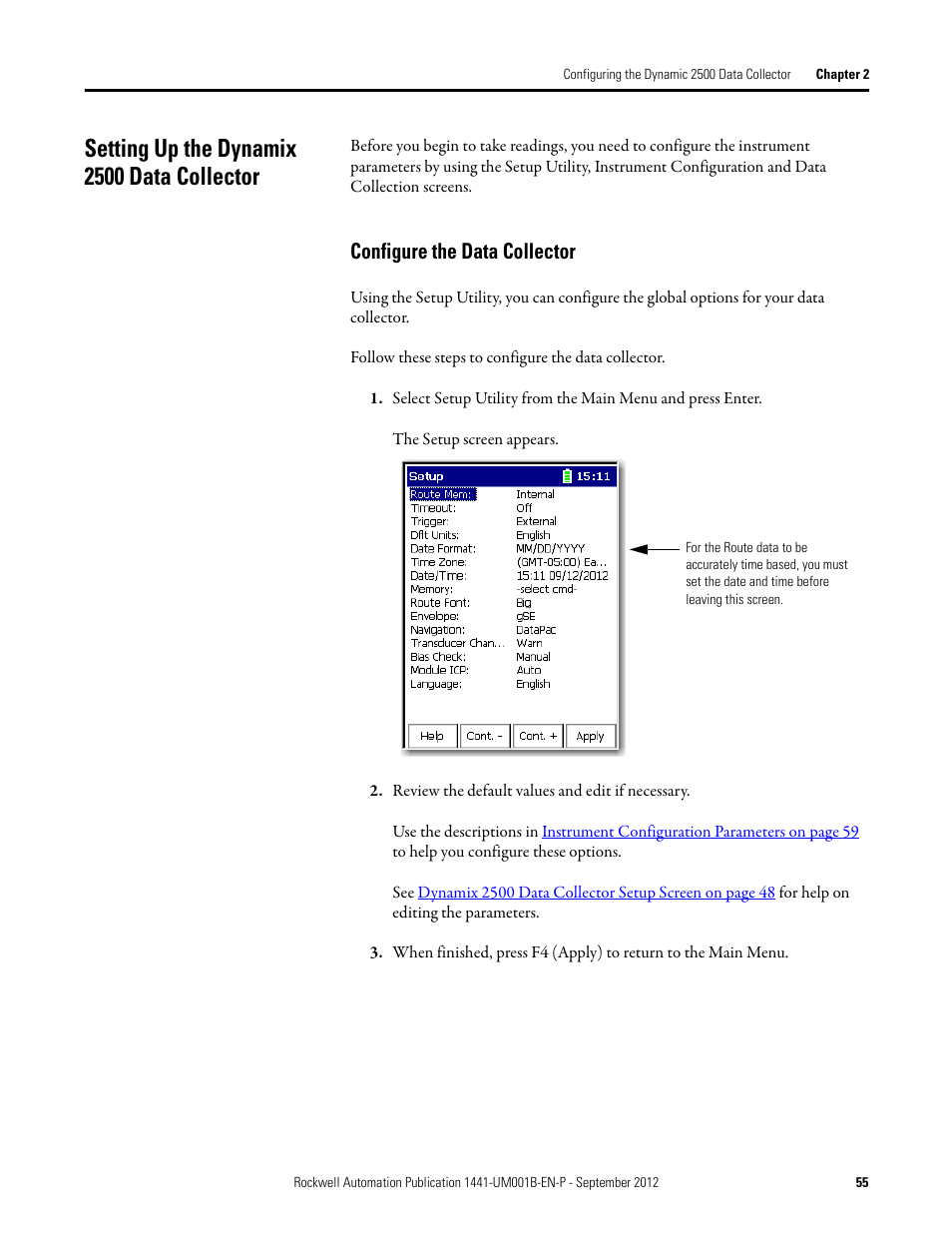Setting up the dynamix 2500 data collector, Configure the data collector | Rockwell Automation 1441-DYN25-Z Dynamix 2500 Data Collector User Manual | Page 55 / 218