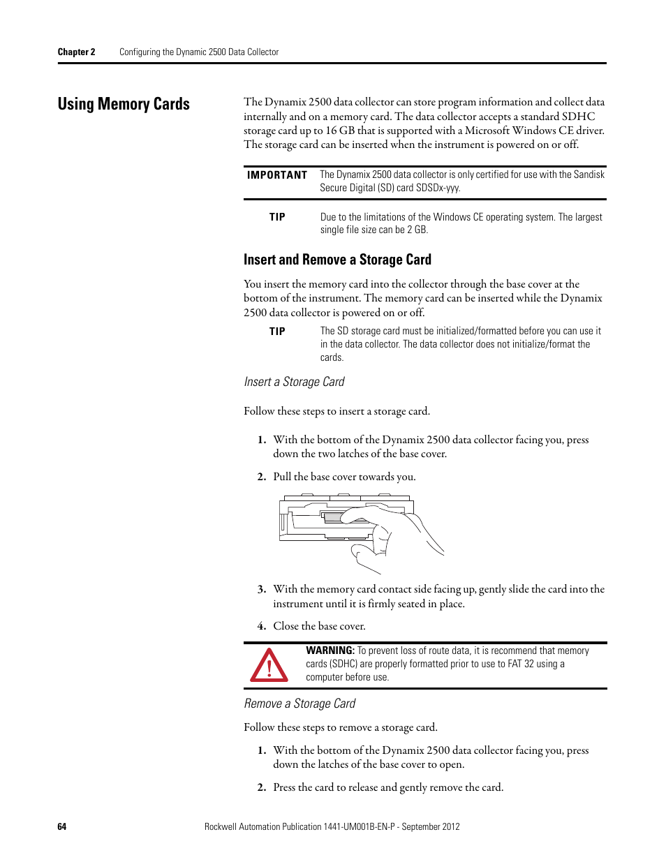 Using memory cards, Insert and remove a storage card | Rockwell Automation 1441-DYN25-Z Dynamix 2500 Data Collector User Manual | Page 64 / 218