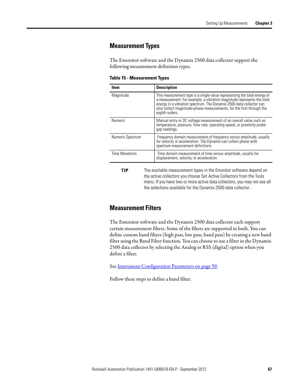 Measurement types, Measurement filters, Measurement types measurement filters | Rockwell Automation 1441-DYN25-Z Dynamix 2500 Data Collector User Manual | Page 67 / 218