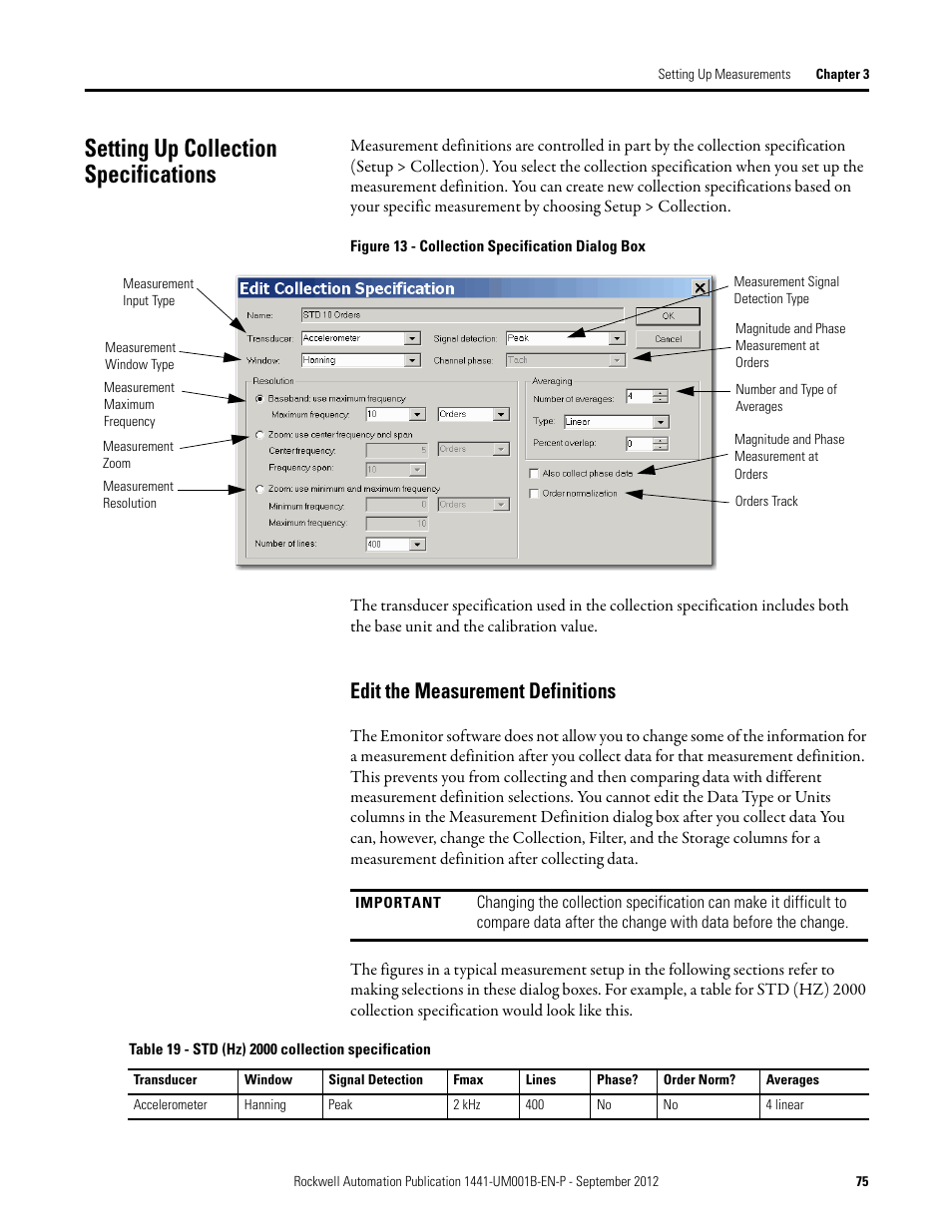 Setting up collection specifications, Edit the measurement definitions | Rockwell Automation 1441-DYN25-Z Dynamix 2500 Data Collector User Manual | Page 75 / 218