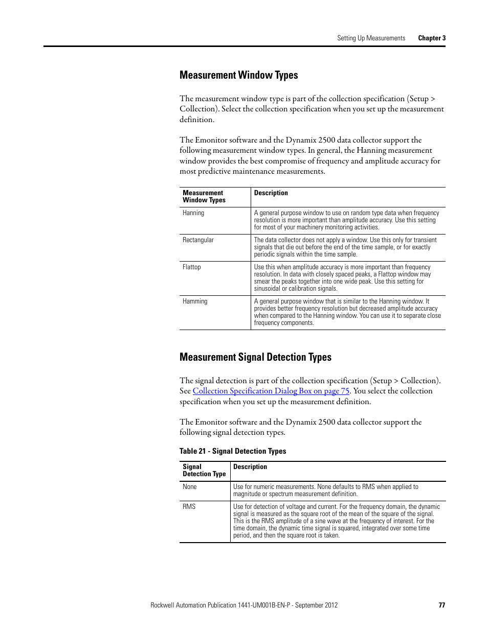 Measurement window types, Measurement signal detection types | Rockwell Automation 1441-DYN25-Z Dynamix 2500 Data Collector User Manual | Page 77 / 218