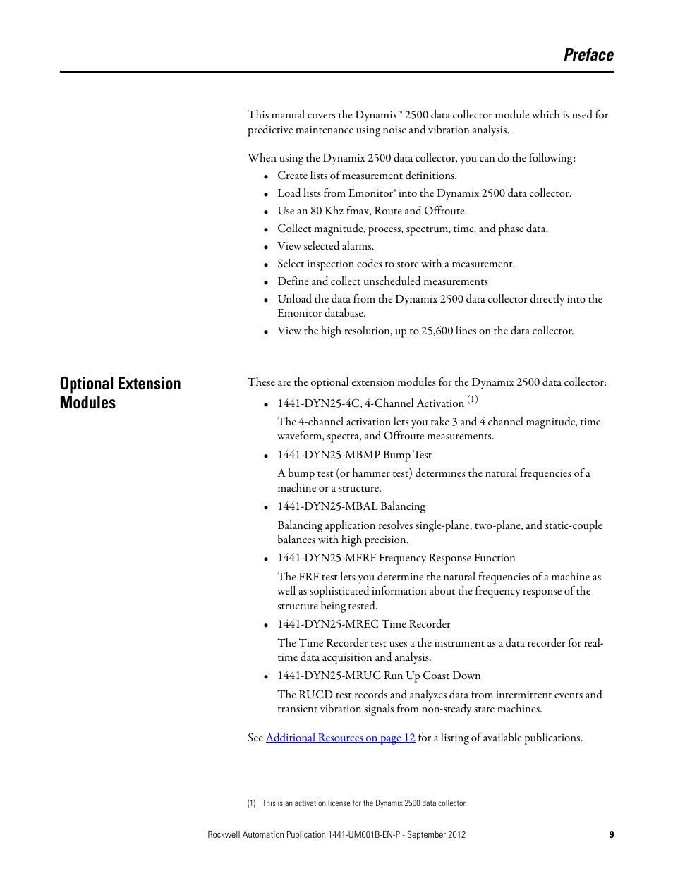 Preface, Optional extension modules | Rockwell Automation 1441-DYN25-Z Dynamix 2500 Data Collector User Manual | Page 9 / 218
