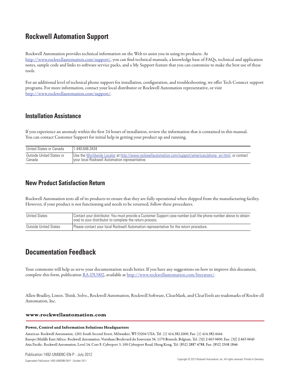 Rockwell automation support, Documentation feedback, Installation assistance | New product satisfaction return | Rockwell Automation 1492-PRINT110_PRINT220 ClearTools User Manual User Manual | Page 182 / 182