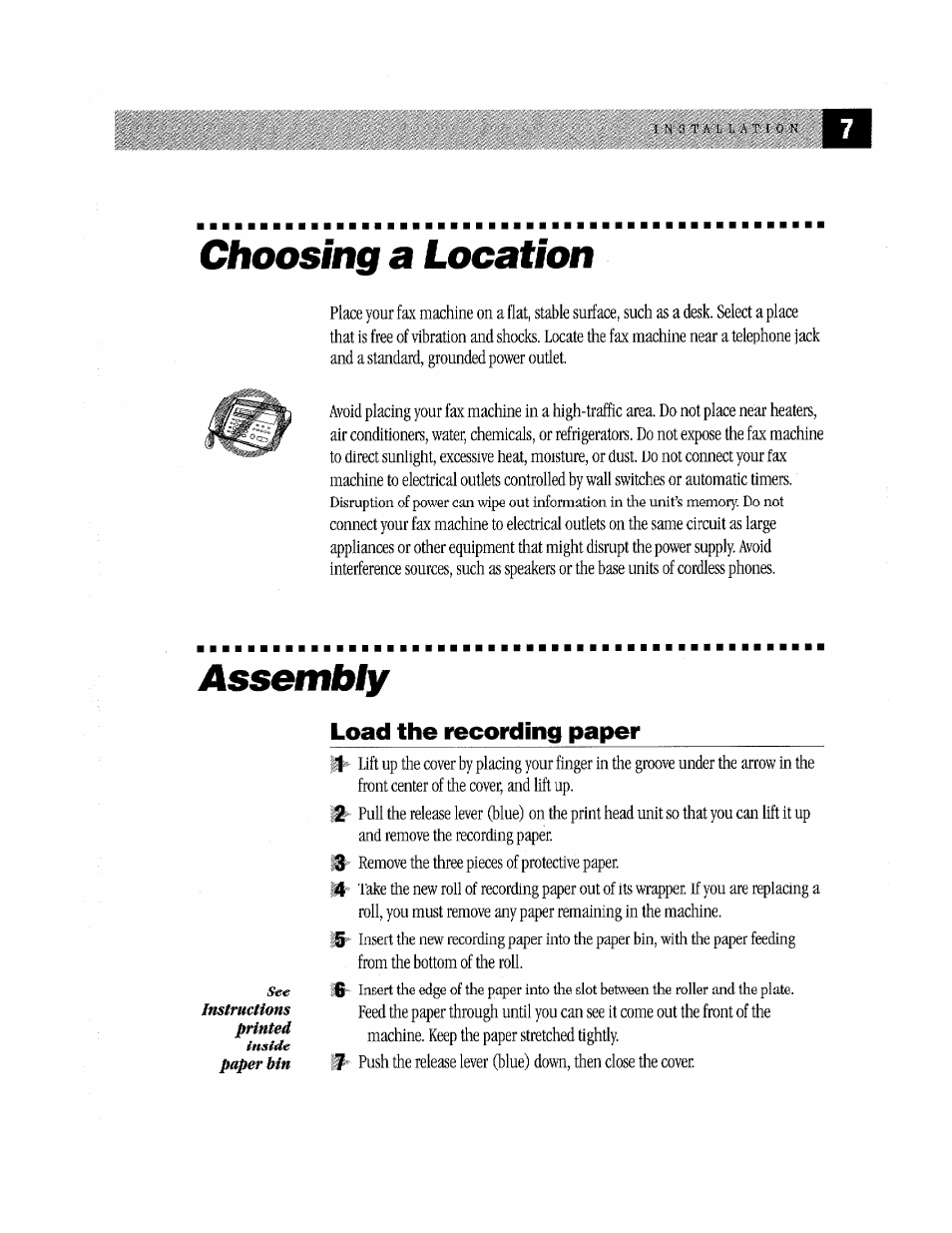 Load the recording paper, Choosing a location, Assentbly | Brother Fax-170 User Manual | Page 13 / 74