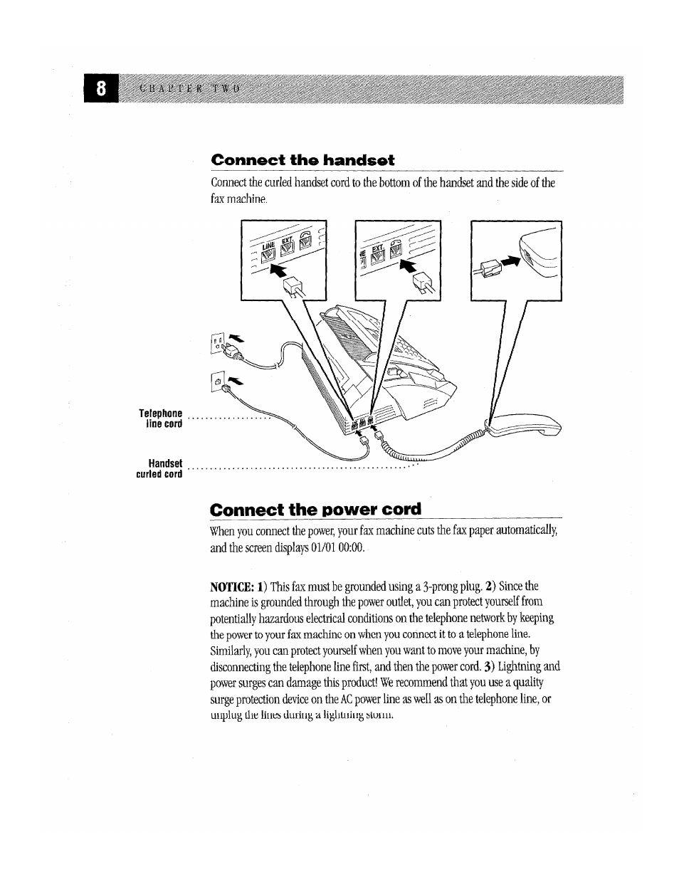 Connect the handset, Connect the power cord, Connect the handset connect the power cord | Brother Fax-170 User Manual | Page 14 / 74