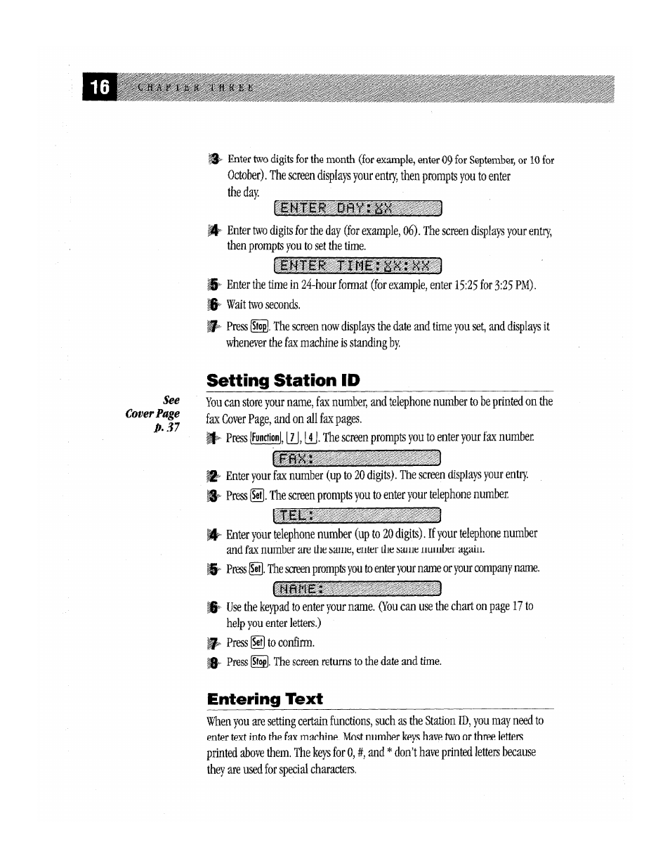 Enter, Lehter time:i^x;xx 1, Setting station id | Nñne: i, Entering text | Brother Fax-170 User Manual | Page 22 / 74