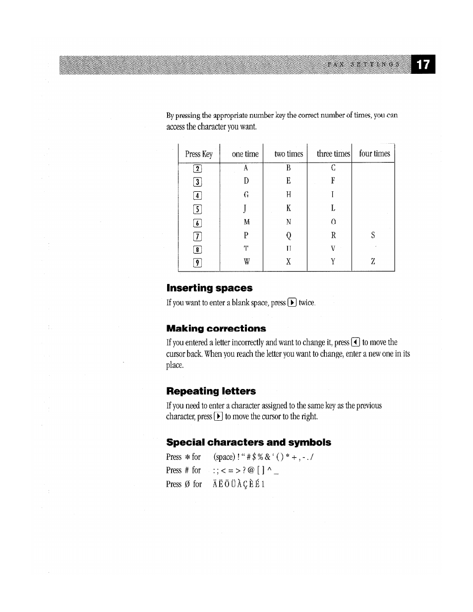 Inserting spaces, Making corrections, Repeating letters | Special characters and symbols | Brother Fax-170 User Manual | Page 23 / 74