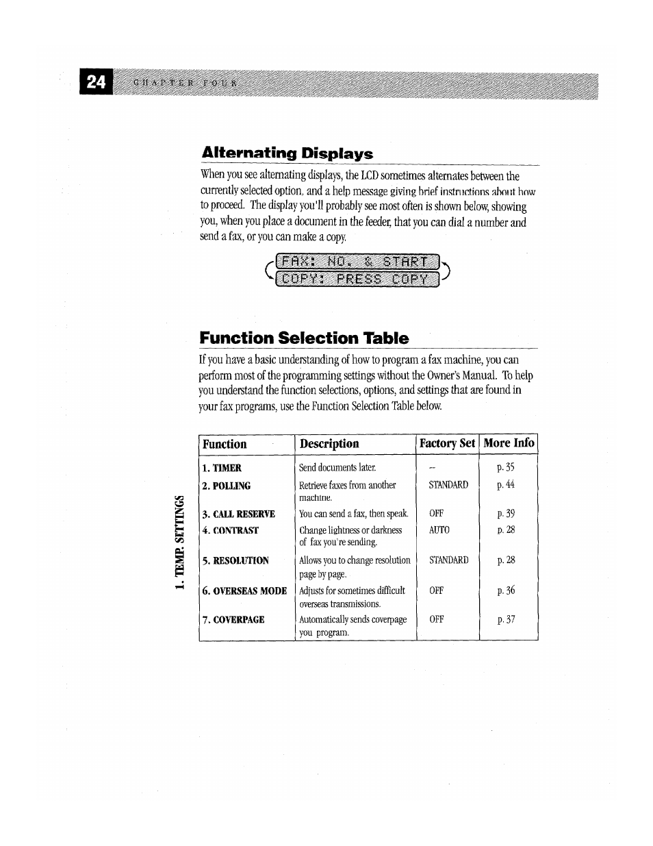 Function selection table, Alternating displays | Brother Fax-170 User Manual | Page 30 / 74