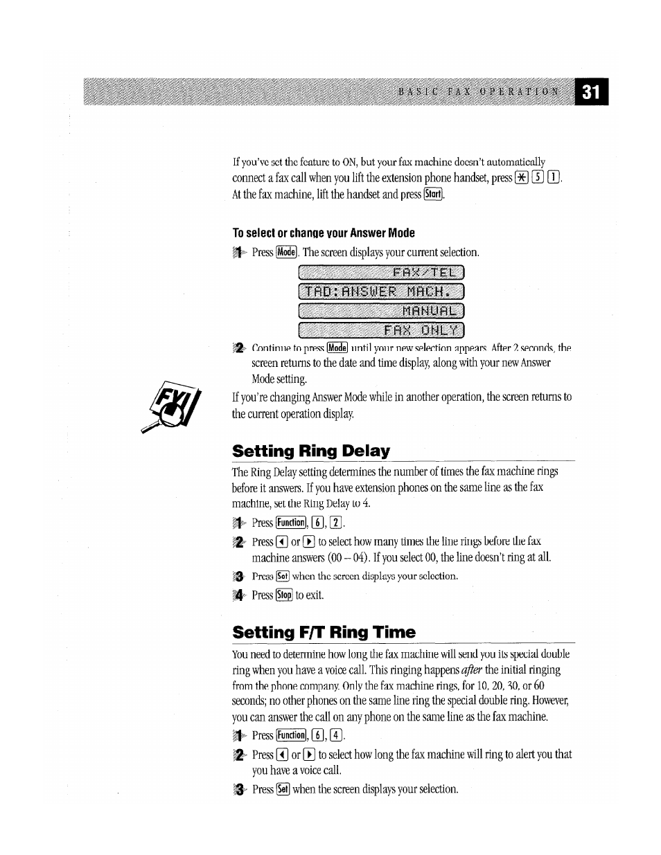 To select or change your answer mode, I trd: flhsuier hflch. i, Mrmlifll i | Setting ring delay, Setting f/t ring time | Brother Fax-170 User Manual | Page 37 / 74