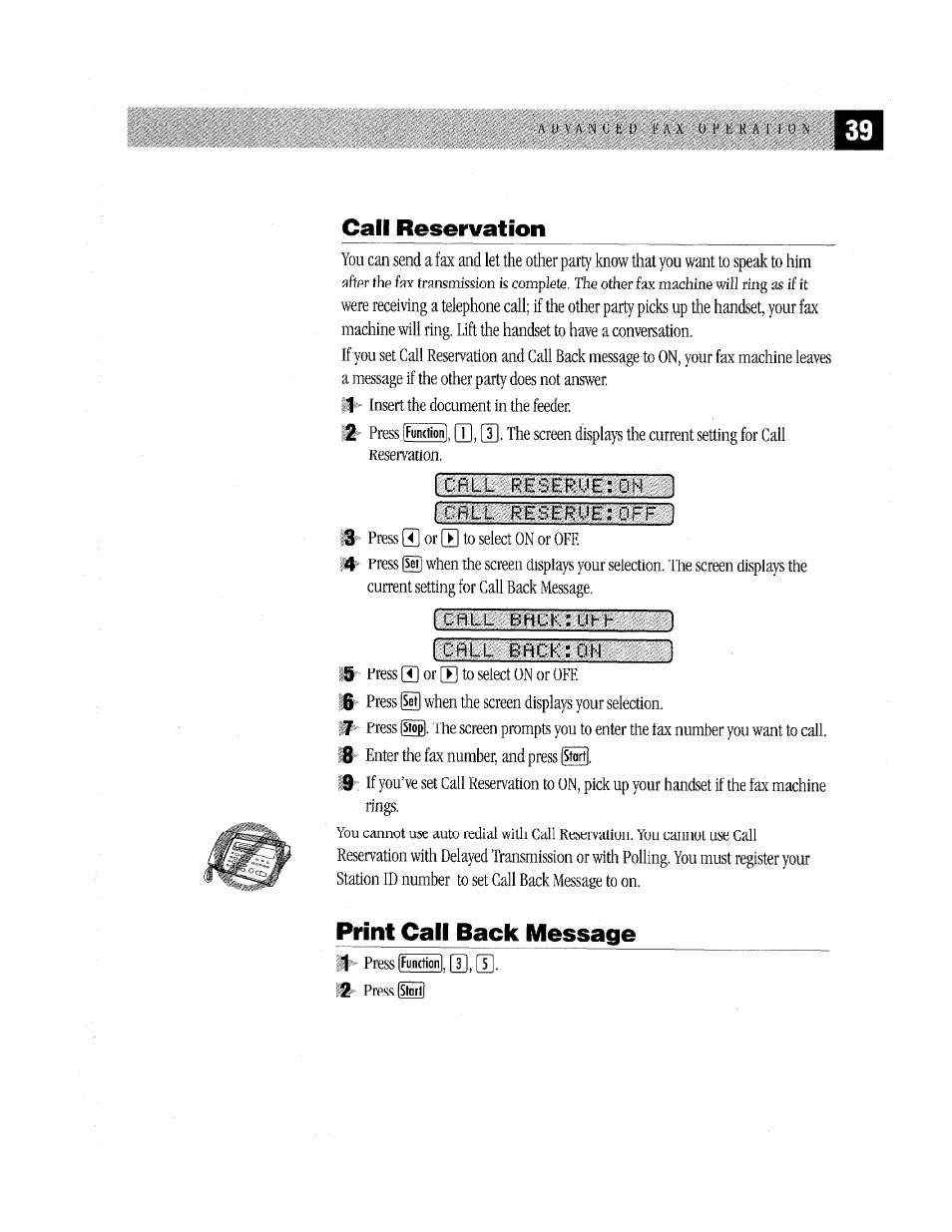 Call reservation, Back:oh, Print call back message | Brother Fax-170 User Manual | Page 45 / 74