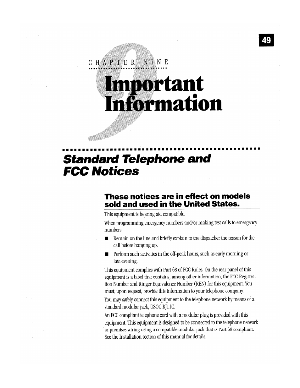 C ha pte r n in e, Standard telephone and fcc notices | Brother Fax-170 User Manual | Page 55 / 74