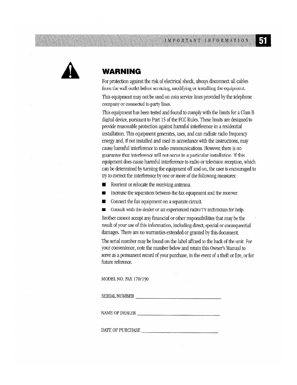 Warning, Mrning | Brother Fax-170 User Manual | Page 57 / 74