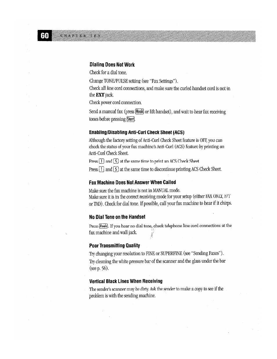 Dialing does not work, Enabling/disabling anti-curl check sheet (acs), Fax machine does not answer when called | No dial tone on the handset, Poor transmitting quality, Vertical black lines when receiving | Brother Fax-170 User Manual | Page 66 / 74