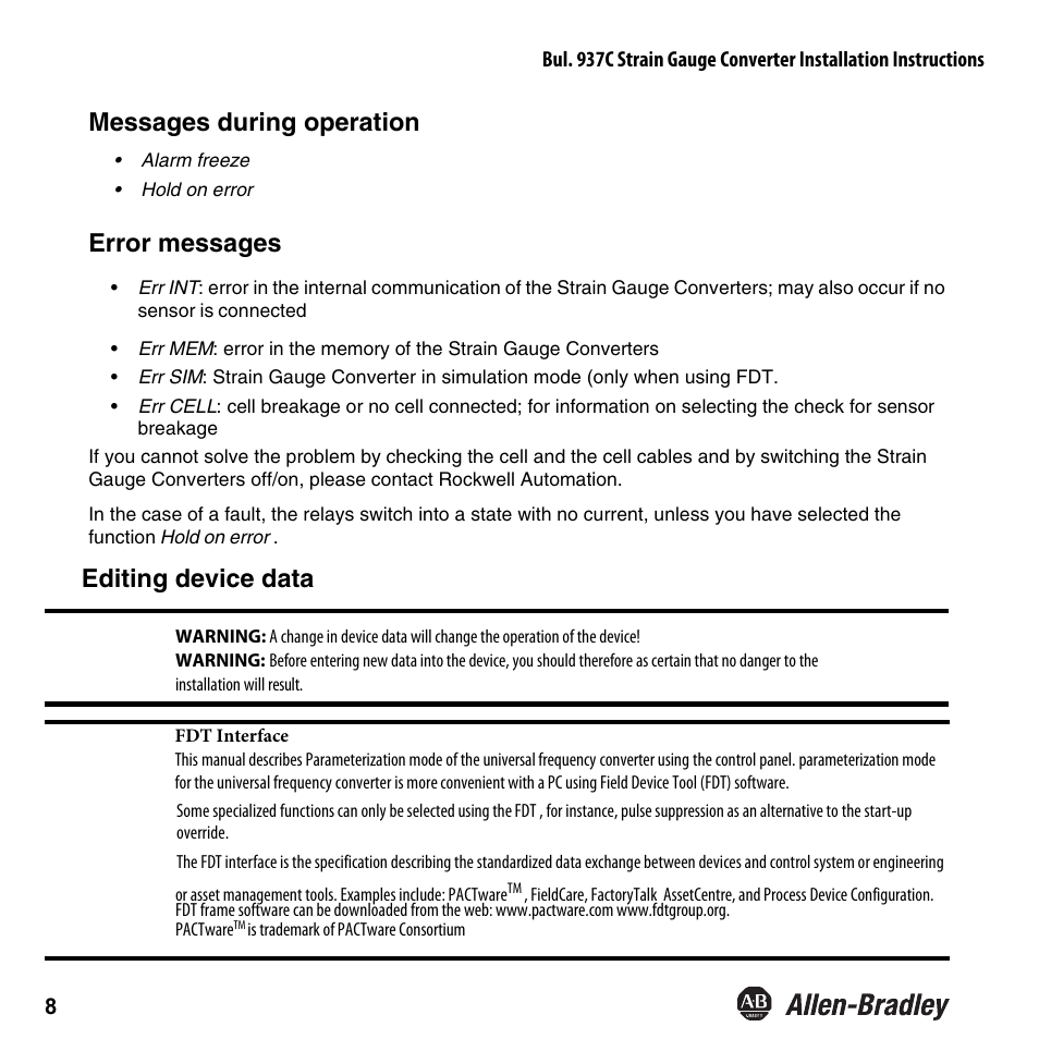 Messages during operation, Error messages, Editing device data | Rockwell Automation 937CU-AISTR-DC1 Strain Gauge Converter Installation Instructions User Manual | Page 10 / 48
