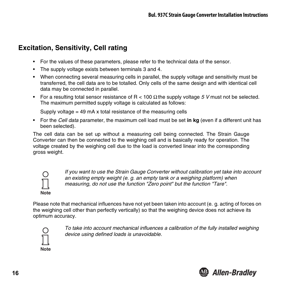 Excitation, sensitivity, cell rating | Rockwell Automation 937CU-AISTR-DC1 Strain Gauge Converter Installation Instructions User Manual | Page 18 / 48