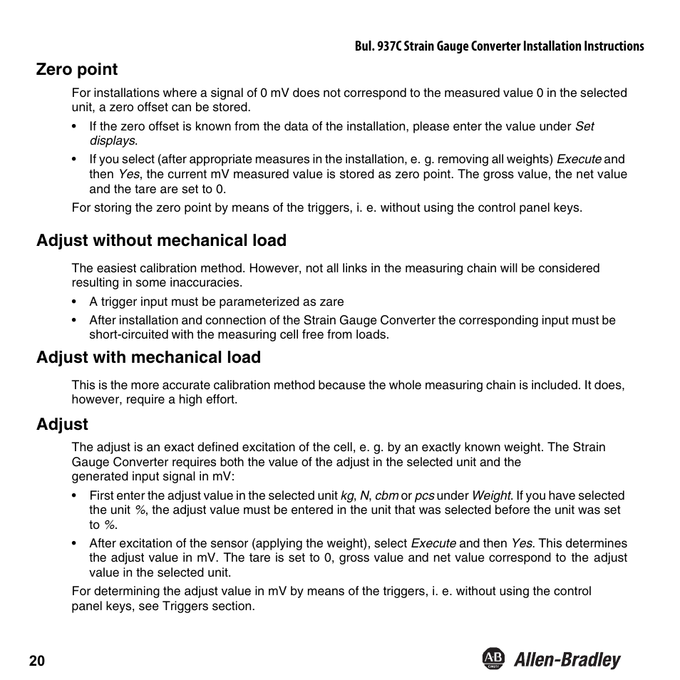 Zero point, Adjust without mechanical load, Adjust with mechanical load | Adjust | Rockwell Automation 937CU-AISTR-DC1 Strain Gauge Converter Installation Instructions User Manual | Page 22 / 48