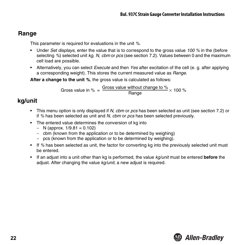 Range, Kg/unit | Rockwell Automation 937CU-AISTR-DC1 Strain Gauge Converter Installation Instructions User Manual | Page 24 / 48