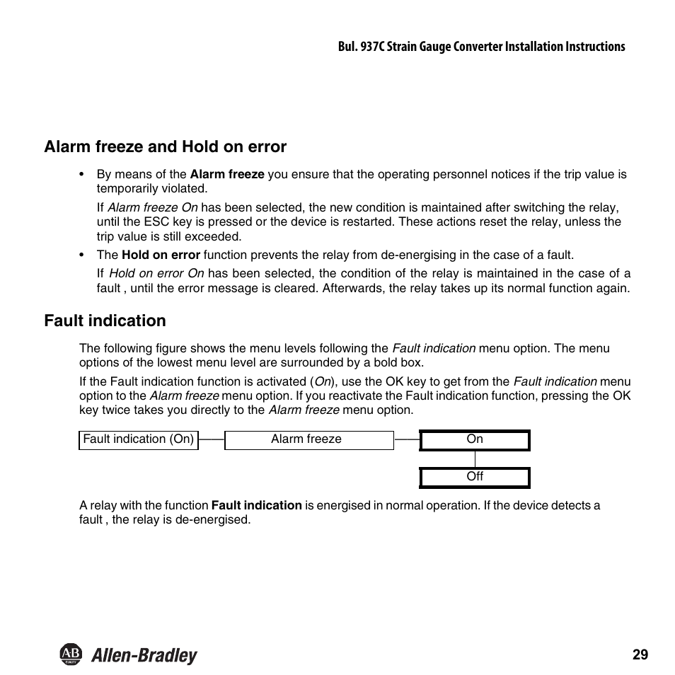 Alarm freeze and hold on error, Fault indication | Rockwell Automation 937CU-AISTR-DC1 Strain Gauge Converter Installation Instructions User Manual | Page 31 / 48