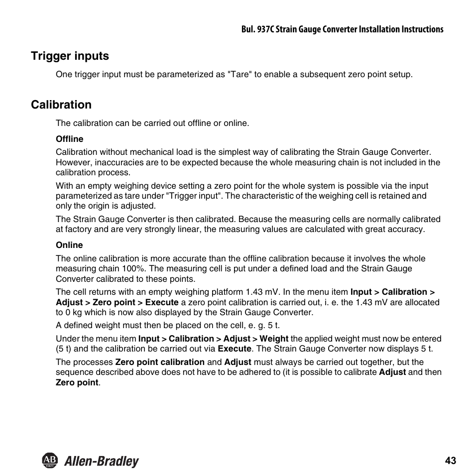 Trigger inputs, Calibration | Rockwell Automation 937CU-AISTR-DC1 Strain Gauge Converter Installation Instructions User Manual | Page 45 / 48