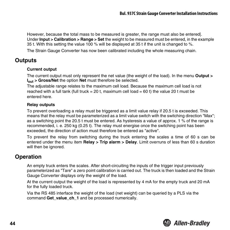 Outputs, Operation | Rockwell Automation 937CU-AISTR-DC1 Strain Gauge Converter Installation Instructions User Manual | Page 46 / 48