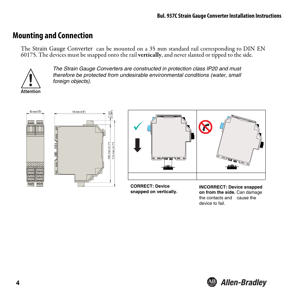 Mounting and connection | Rockwell Automation 937CU-AISTR-DC1 Strain Gauge Converter Installation Instructions User Manual | Page 6 / 48