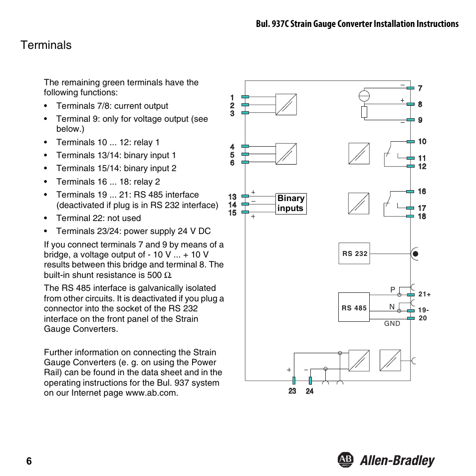 Terminals | Rockwell Automation 937CU-AISTR-DC1 Strain Gauge Converter Installation Instructions User Manual | Page 8 / 48