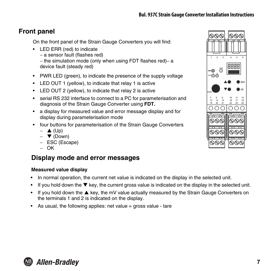 Front panel, Display mode and error messages | Rockwell Automation 937CU-AISTR-DC1 Strain Gauge Converter Installation Instructions User Manual | Page 9 / 48