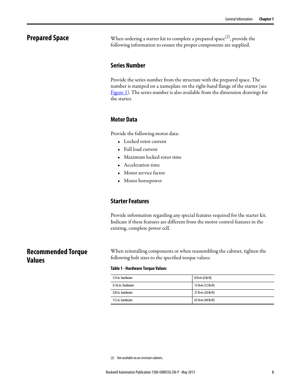 Prepared space, Series number, Motor data | Starter features, Recommended torque values, Series number motor data starter features | Rockwell Automation 1512B MV Controllers, 200/400A Two-High Cabinet, Standard and Arc-Resistant Enclosure User Manual | Page 11 / 100