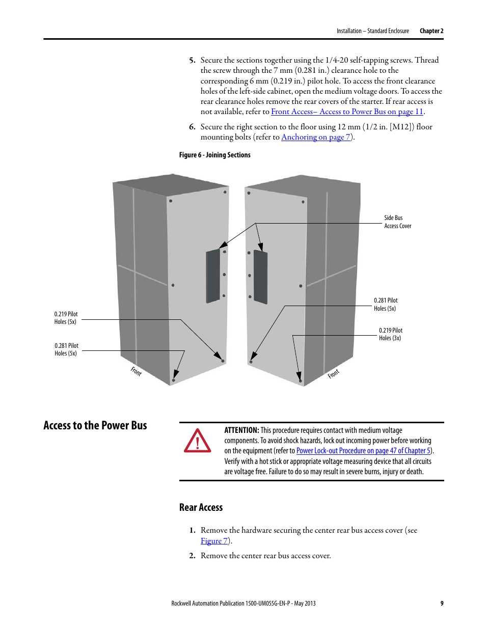 Access to the power bus, Rear access, Refer to | Rockwell Automation 1512B MV Controllers, 200/400A Two-High Cabinet, Standard and Arc-Resistant Enclosure User Manual | Page 17 / 100