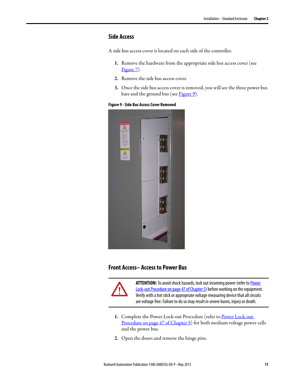 Side access, Front access– access to power bus, Side access front access– access to power bus | Ilable, refer to | Rockwell Automation 1512B MV Controllers, 200/400A Two-High Cabinet, Standard and Arc-Resistant Enclosure User Manual | Page 19 / 100