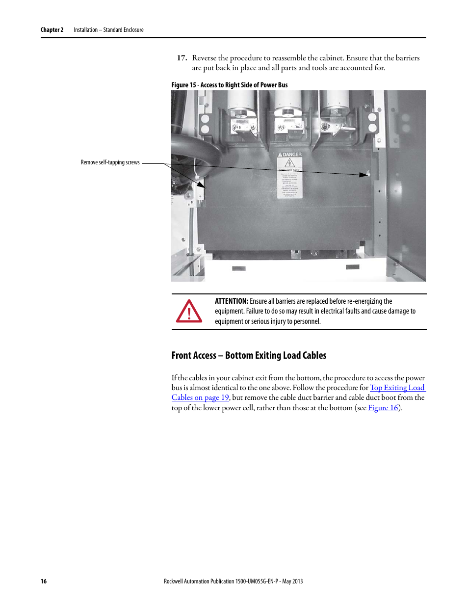 Front access – bottom exiting load cables, Figure 15 | Rockwell Automation 1512B MV Controllers, 200/400A Two-High Cabinet, Standard and Arc-Resistant Enclosure User Manual | Page 24 / 100