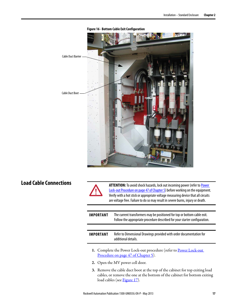 Load cable connections, Figure 16 | Rockwell Automation 1512B MV Controllers, 200/400A Two-High Cabinet, Standard and Arc-Resistant Enclosure User Manual | Page 25 / 100
