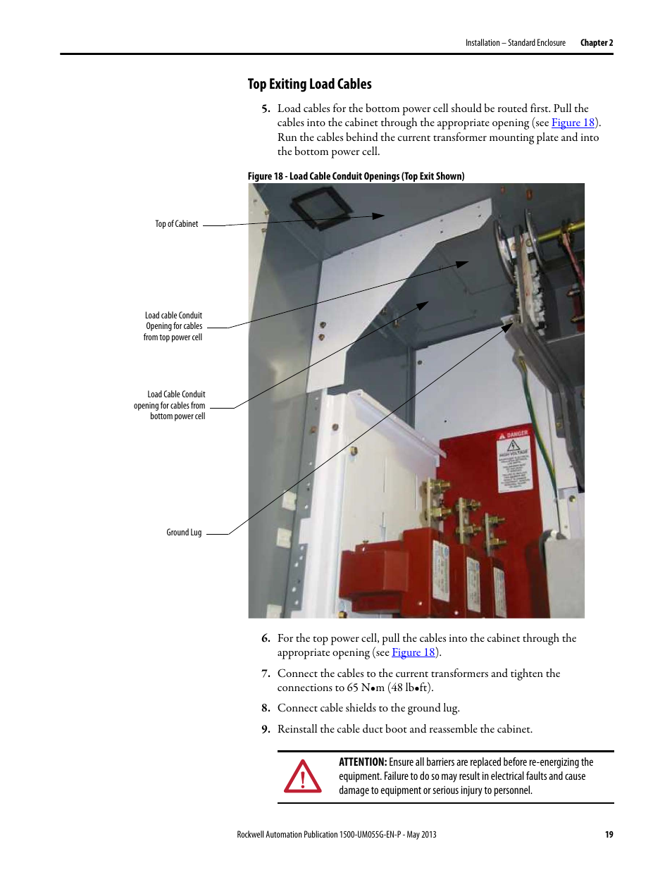 Top exiting load cables, E for, Top exiting load | Rockwell Automation 1512B MV Controllers, 200/400A Two-High Cabinet, Standard and Arc-Resistant Enclosure User Manual | Page 27 / 100