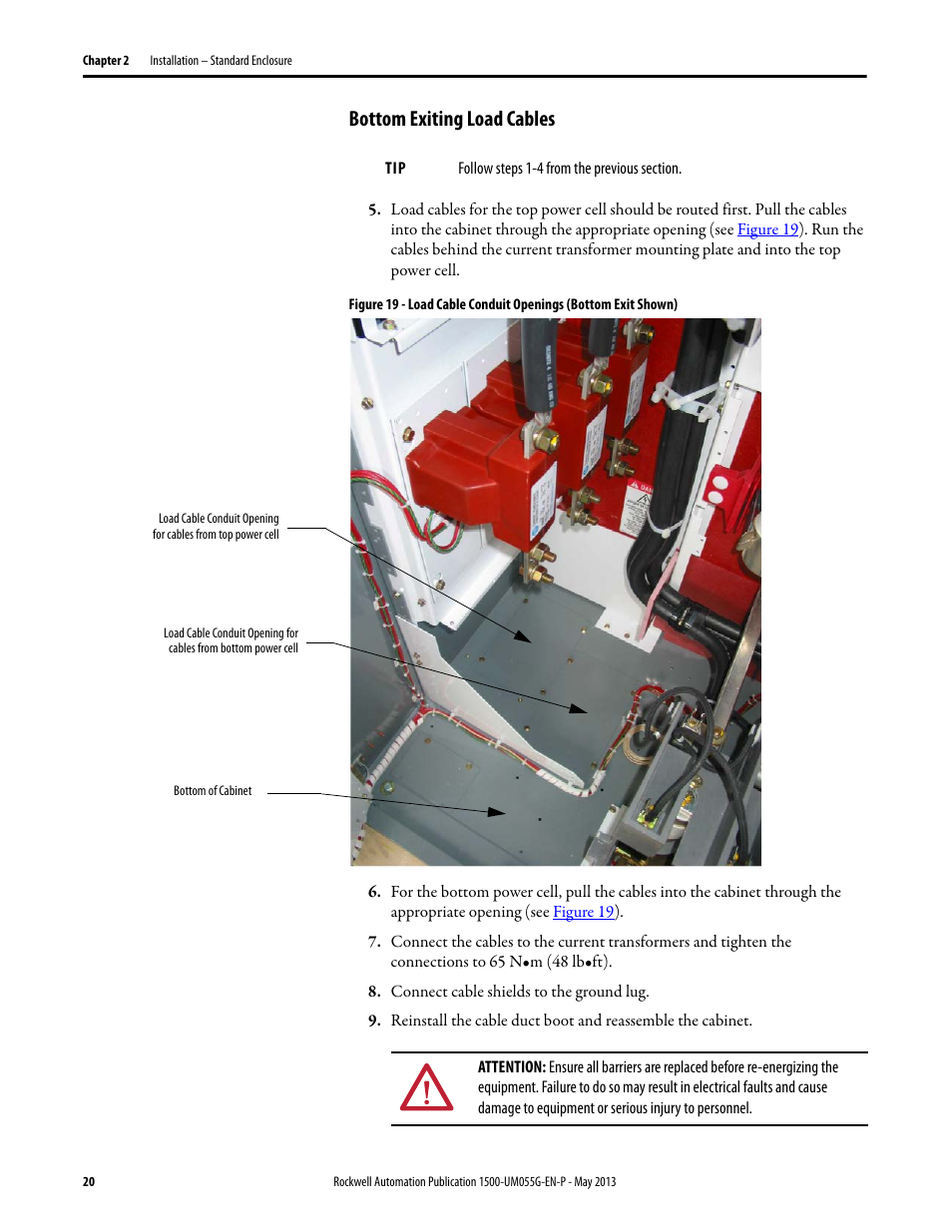 Bottom exiting load cables | Rockwell Automation 1512B MV Controllers, 200/400A Two-High Cabinet, Standard and Arc-Resistant Enclosure User Manual | Page 28 / 100