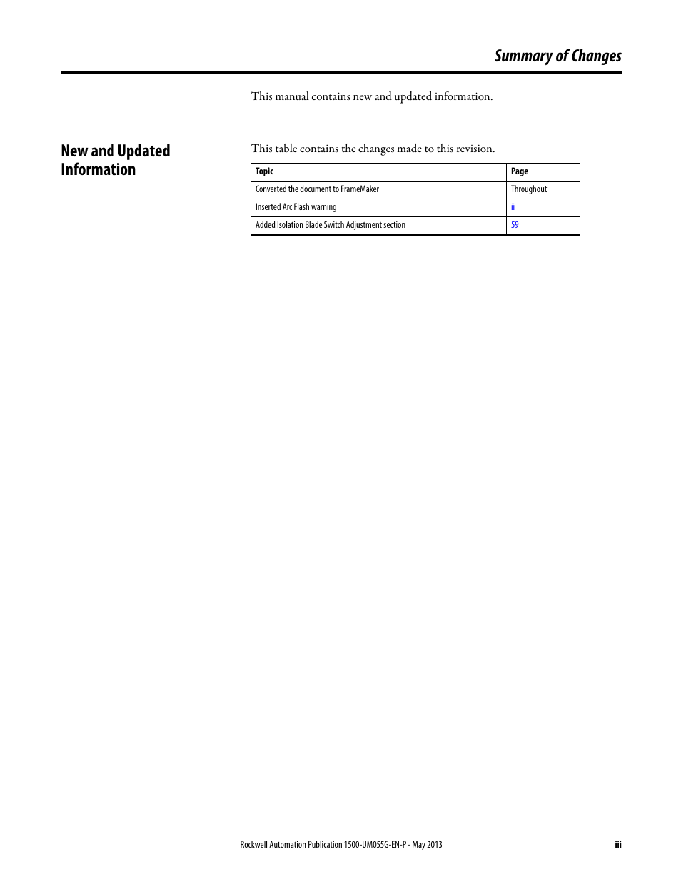 Summary of changes, New and updated information | Rockwell Automation 1512B MV Controllers, 200/400A Two-High Cabinet, Standard and Arc-Resistant Enclosure User Manual | Page 3 / 100