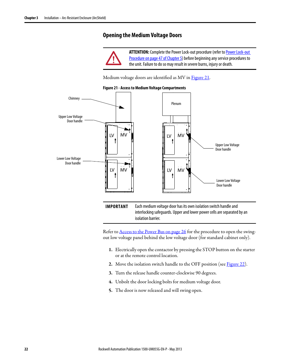 Opening the medium voltage doors | Rockwell Automation 1512B MV Controllers, 200/400A Two-High Cabinet, Standard and Arc-Resistant Enclosure User Manual | Page 30 / 100