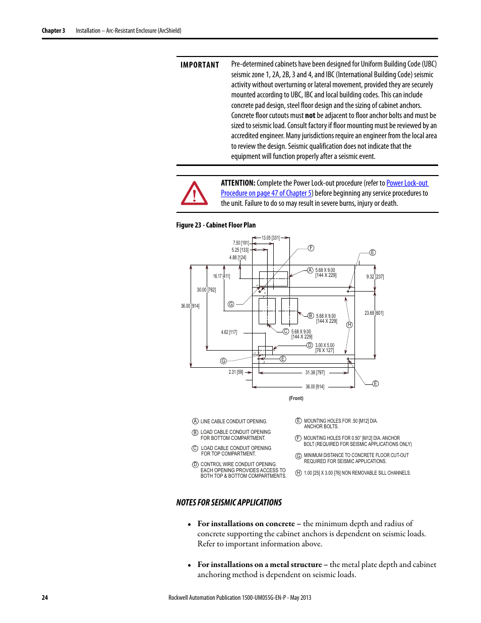 Figure 23, Figure 23 - cabinet floor plan | Rockwell Automation 1512B MV Controllers, 200/400A Two-High Cabinet, Standard and Arc-Resistant Enclosure User Manual | Page 32 / 100