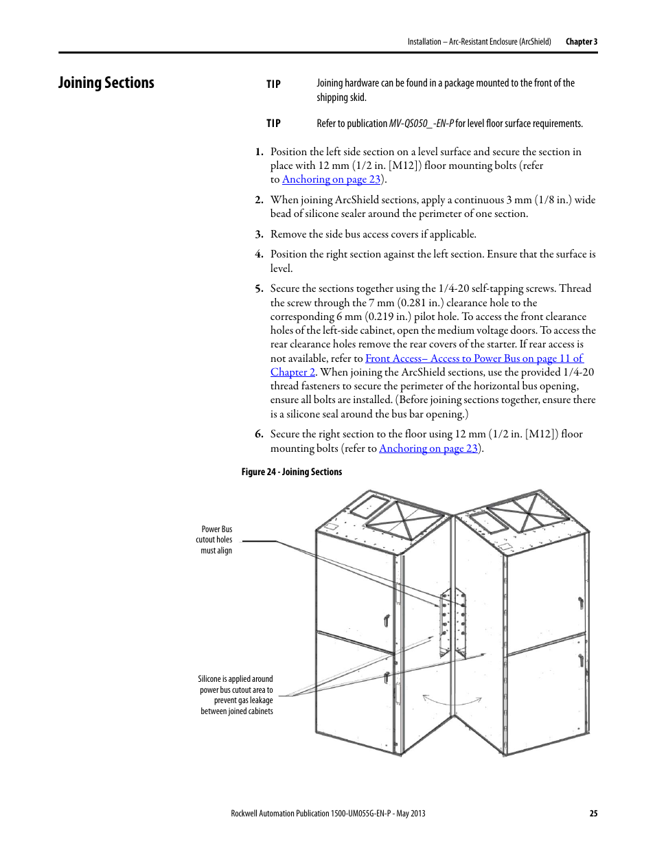 Joining sections | Rockwell Automation 1512B MV Controllers, 200/400A Two-High Cabinet, Standard and Arc-Resistant Enclosure User Manual | Page 33 / 100