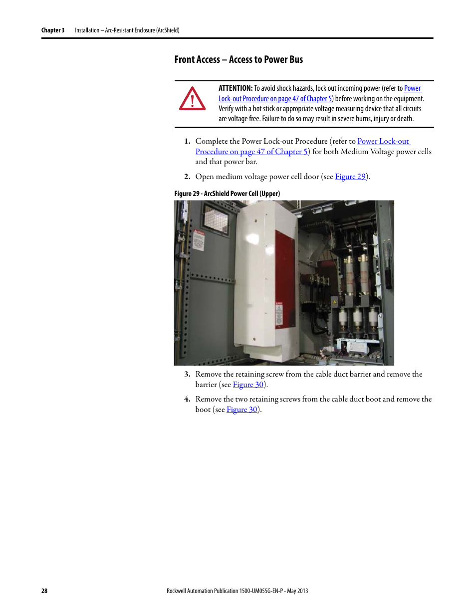 Front access – access to power bus | Rockwell Automation 1512B MV Controllers, 200/400A Two-High Cabinet, Standard and Arc-Resistant Enclosure User Manual | Page 36 / 100