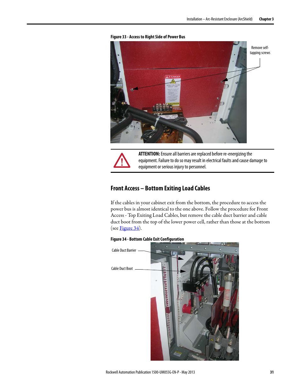 Front access – bottom exiting load cables, Figure 33 | Rockwell Automation 1512B MV Controllers, 200/400A Two-High Cabinet, Standard and Arc-Resistant Enclosure User Manual | Page 39 / 100