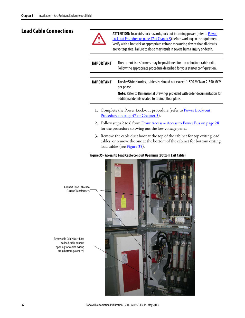 Load cable connections | Rockwell Automation 1512B MV Controllers, 200/400A Two-High Cabinet, Standard and Arc-Resistant Enclosure User Manual | Page 40 / 100