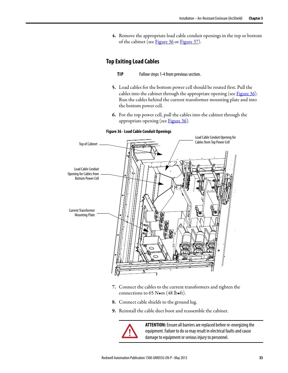 Top exiting load cables | Rockwell Automation 1512B MV Controllers, 200/400A Two-High Cabinet, Standard and Arc-Resistant Enclosure User Manual | Page 41 / 100