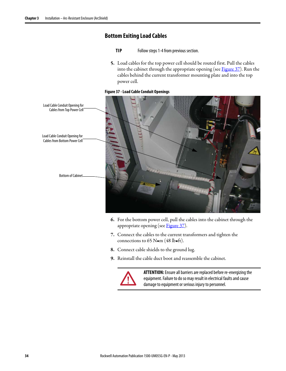 Bottom exiting load cables, Figure 37 | Rockwell Automation 1512B MV Controllers, 200/400A Two-High Cabinet, Standard and Arc-Resistant Enclosure User Manual | Page 42 / 100