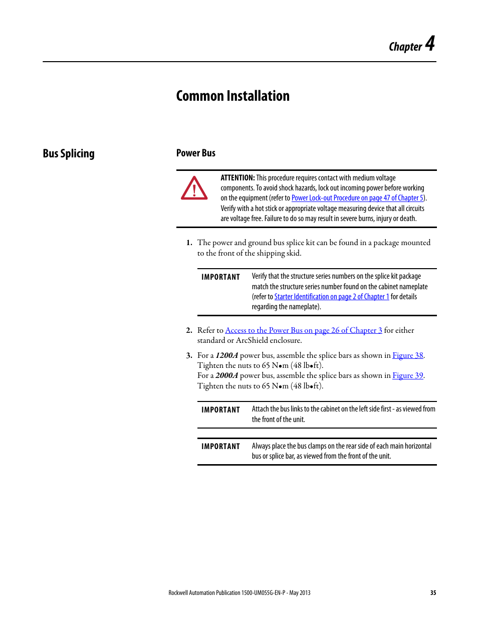 4 - common installation, Bus splicing, Power bus | Chapter 4, Common installation, Chapter | Rockwell Automation 1512B MV Controllers, 200/400A Two-High Cabinet, Standard and Arc-Resistant Enclosure User Manual | Page 43 / 100